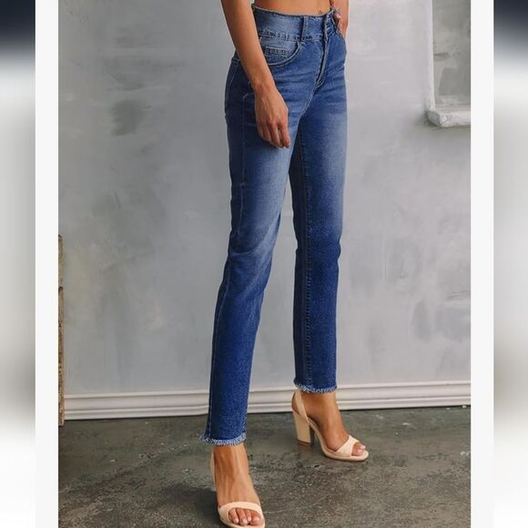 Amazon Straight Jeans, High Waist, Zip & Double Button, Dark Wash, Rough Hem, 8 - Picture 6 of 12